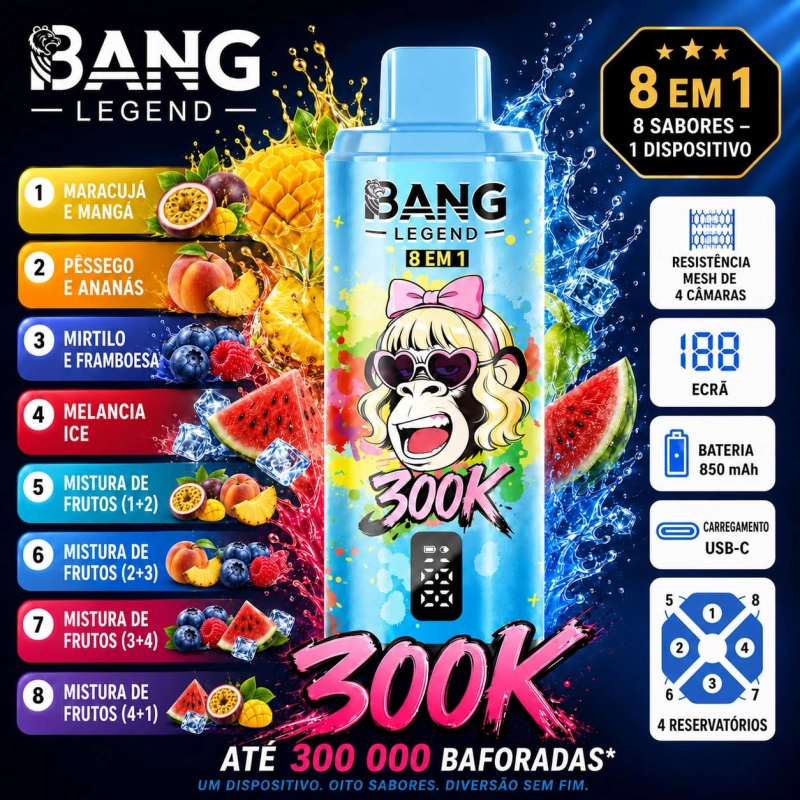 Bang Legend 300K 8 em 1 com Maracujá, Manga, Pêssego, Ananás, Mirtilo, Framboesa, Melancia e Gelo