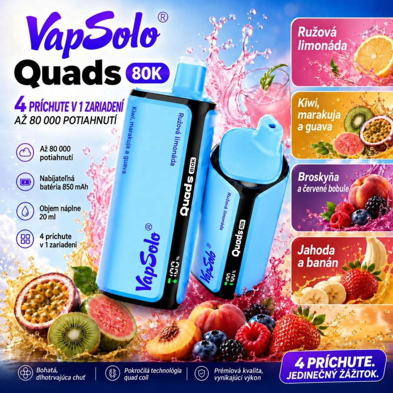 VapSolo Quads 80K s ružovou limonádou, kiwi marakujou a guavou, broskyňou s bobuľami a jahodou s banánom