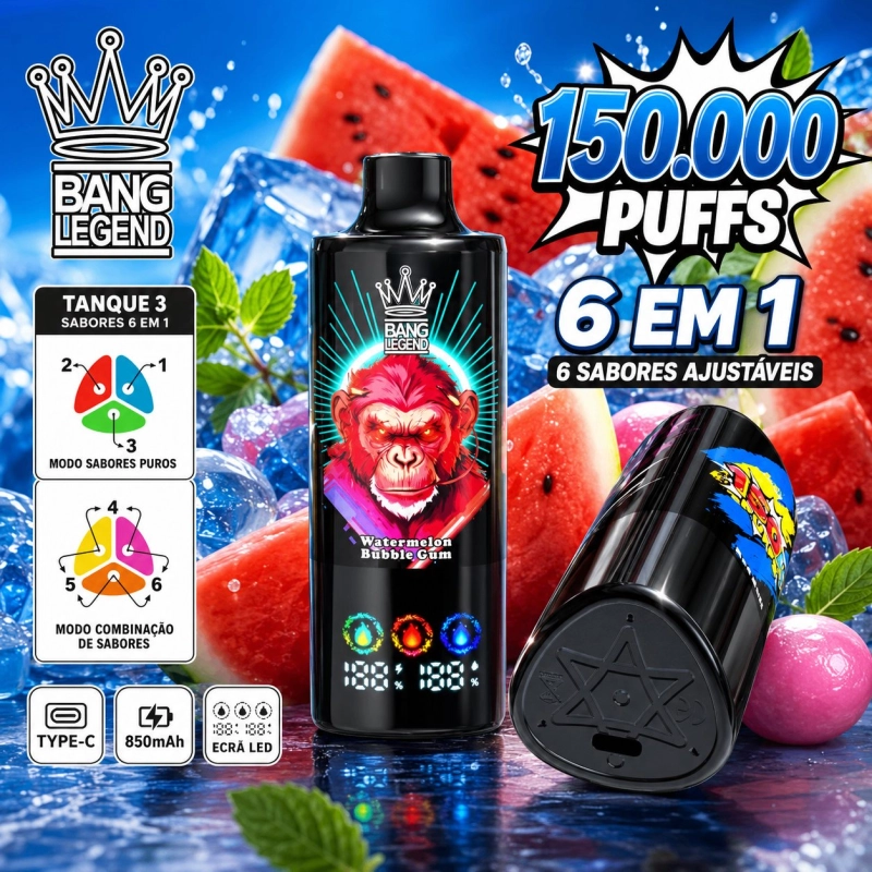 Bang Legend 150000 Puxadas Vape Descartável, Sabor Melancia Bubble Gum