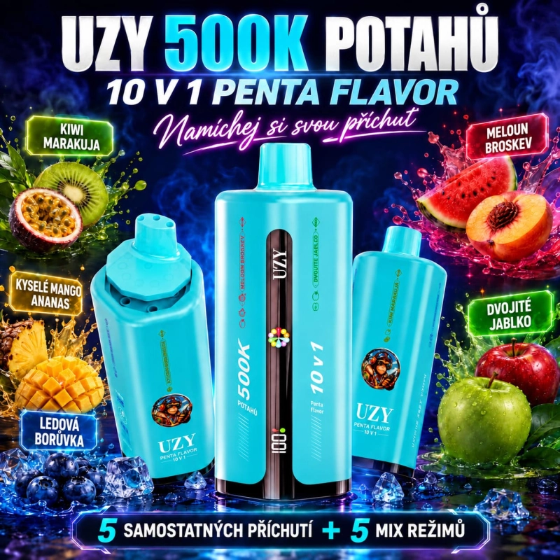 UZY 500K Penta Flavor kiwi marakuja, mango ananas a ledová borůvka