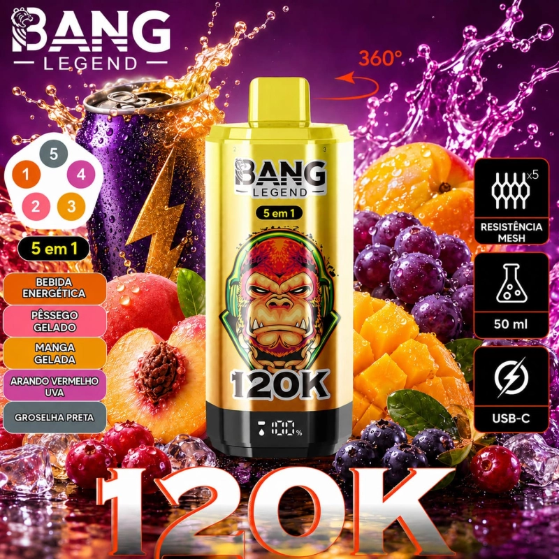 Vape Bang Legend 120K 5 em 1 sabor Banana Refrescante com banana gelada, morango e banana e limão com lima
