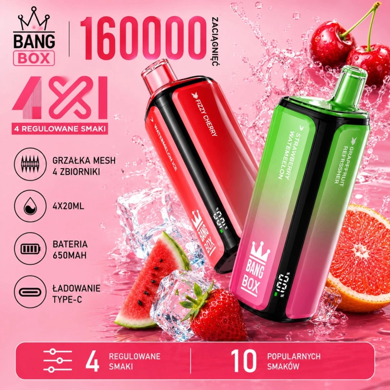 Bang Box 4 w 1 160000 zaciągnięć e-papieros jednorazowy, owocowe smaki