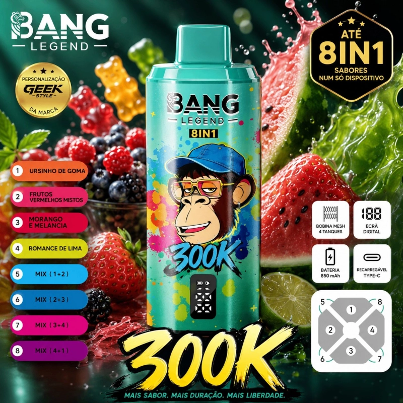 Bang Legend 8IN1 300000 Puxadas Vape Descartável, Sabores Frutados Mistos