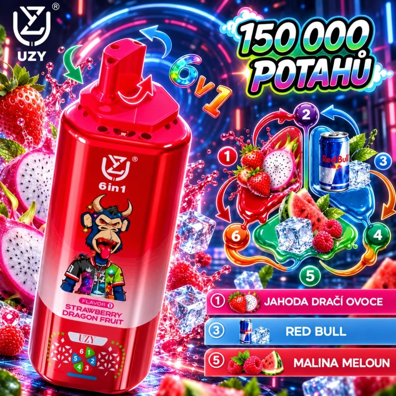 Růžová jednorázová vape UZY 150 000 potahů 6v1 s příchutěmi Mixed Berry, Směs Lesního Ovoce, Perliva Třešeň a Broskev Citron