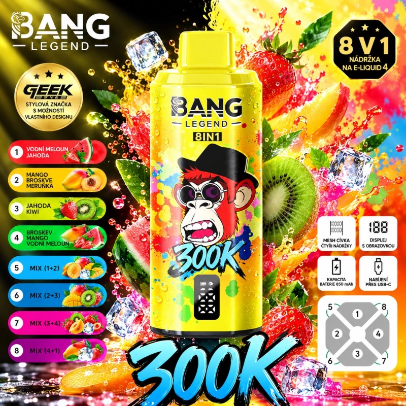 Fialová BANG LEGEND 300K 8v1 s příchutěmi Jablko Hruška, Jahoda Mango a Jahoda Meloun