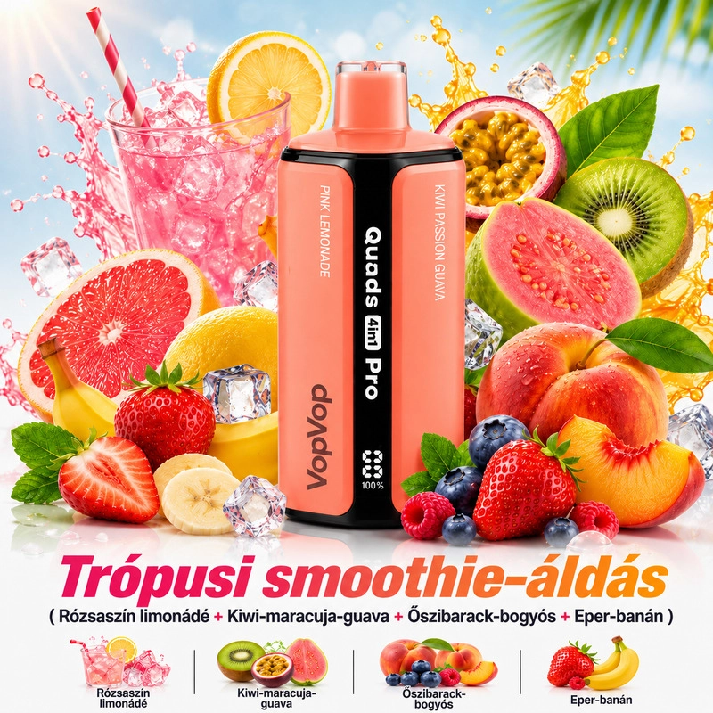 Trópusi smoothie áldás – rózsaszín limonádé, kiwi-maracuja-guava, őszibarack-bogyós és eper-banán 200K vape