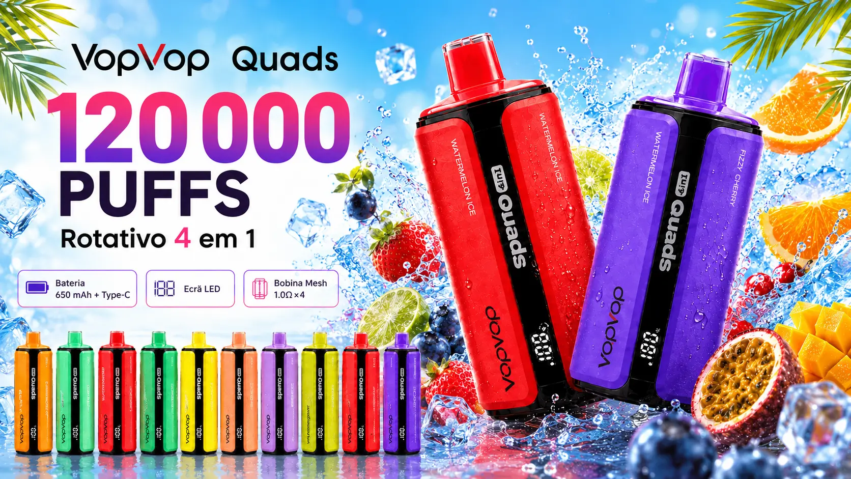 VopVop Quads 120K com 4 sabores em 1, vape descartável em Portugal