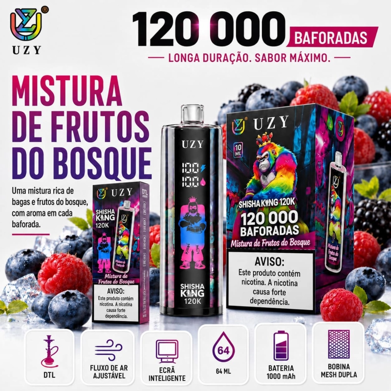 UZY Shisha King 120K sabor Mistura de Frutos Vermelhos com notas de frutos silvestres