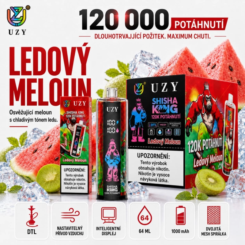 UZY Shisha Hookah King 120K Peach Ice jednorázová vape broskev ledová příchuť