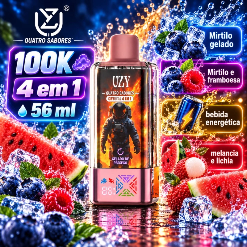 UZY Crystal 100.000 Puffs 4-em-1 vape descartável com sabores gelado de morango com gomas e melancia, pitaya com mirtilos e kiwi