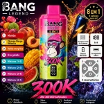 Bang Legend 300K 8 em 1 com sabores Mamba, Pêssego, Manga, Melancia, Bebida Energética e Uva Gelada