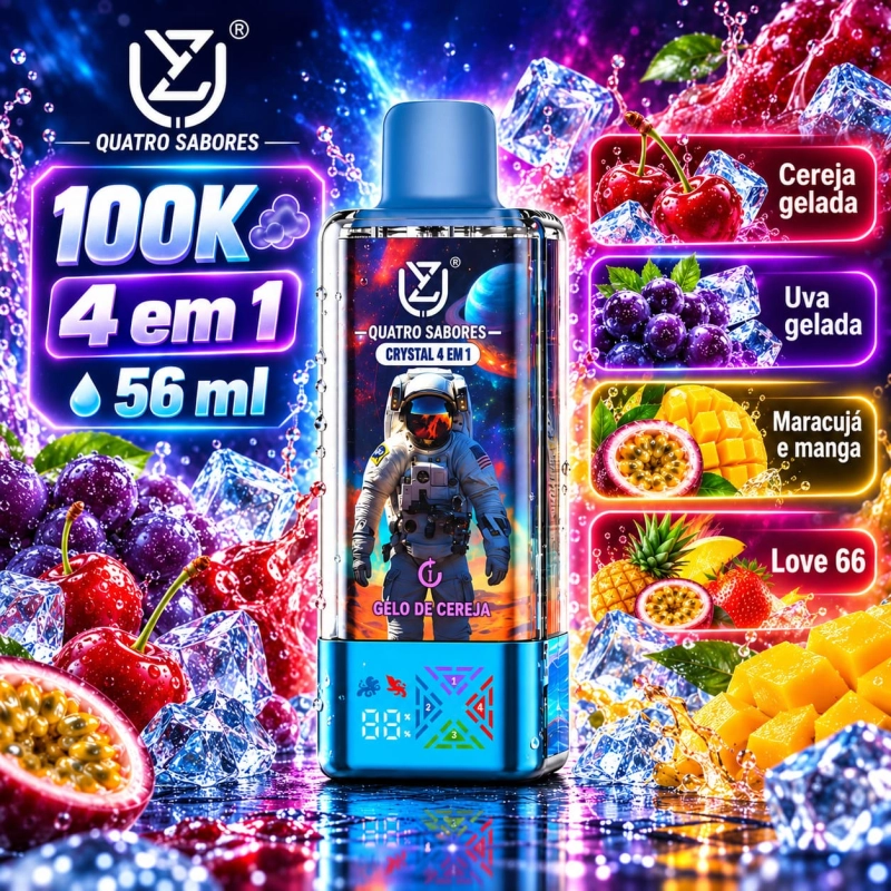 UZY Crystal 100.000 Puffs 4-em-1 vape descartável com sabores gelado de frutos vermelhos e manga, pêssego alperce e kiwi, maracujá goiaba e pêssego branco, framboesa