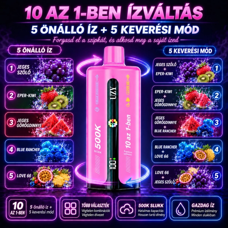 UZY 500K 10 az 1-ben vape egzotikus és hűsítő ízválasztékkal