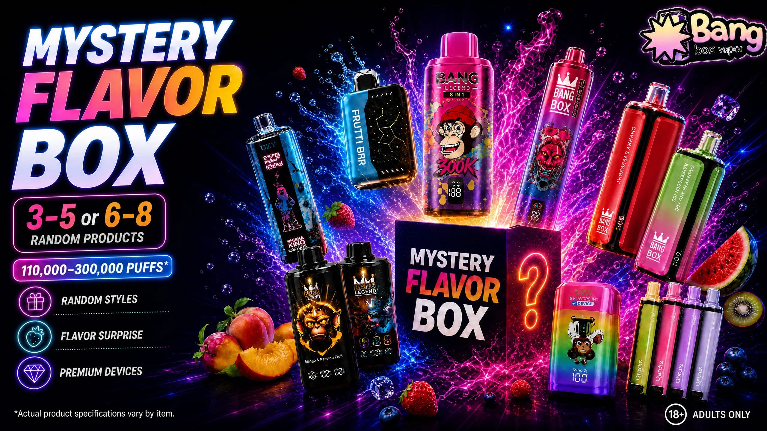 Mystery Box Bangbox-Vapor com 3–5 ou 6–8 produtos aleatórios, sabores surpresa e 110 000 a 300 000 baforadas
