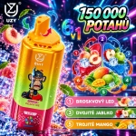 Žluto-růžová jednorázová vape UZY 150 000 potahů 6v1 s příchutěmi Peach Ice, Broskvový LED, Dvojité Jablko a Trojité Mango
