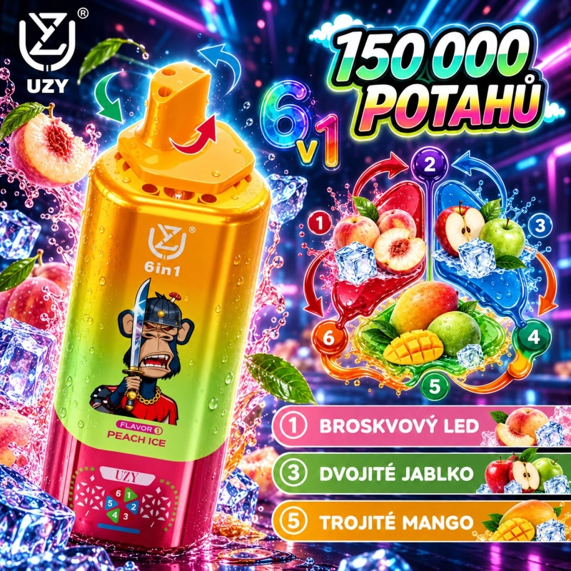 Žluto-růžová jednorázová vape UZY 150 000 potahů 6v1 s příchutěmi Peach Ice, Broskvový LED, Dvojité Jablko a Trojité Mango