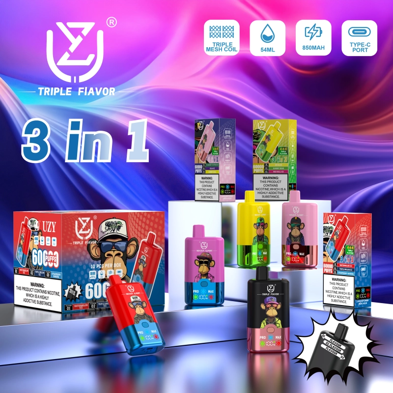 UZY Triple Flavor 60000 60K potahů 3 v 1 příchutě Nejnovější originální dobíjecí LED displej Jednorázové vaporizační zařízení