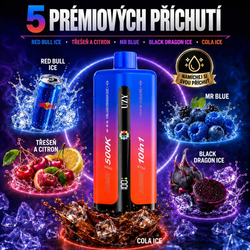 Prémiové příchutě UZY vape s Red Bull ice, colou a exotickým ovocem