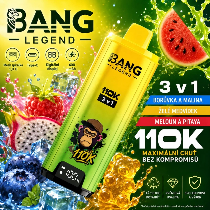 Bang Legend 110K 3 v 1 – energetický nápoj, jablko s hroznem a mango, broskev a meruňka