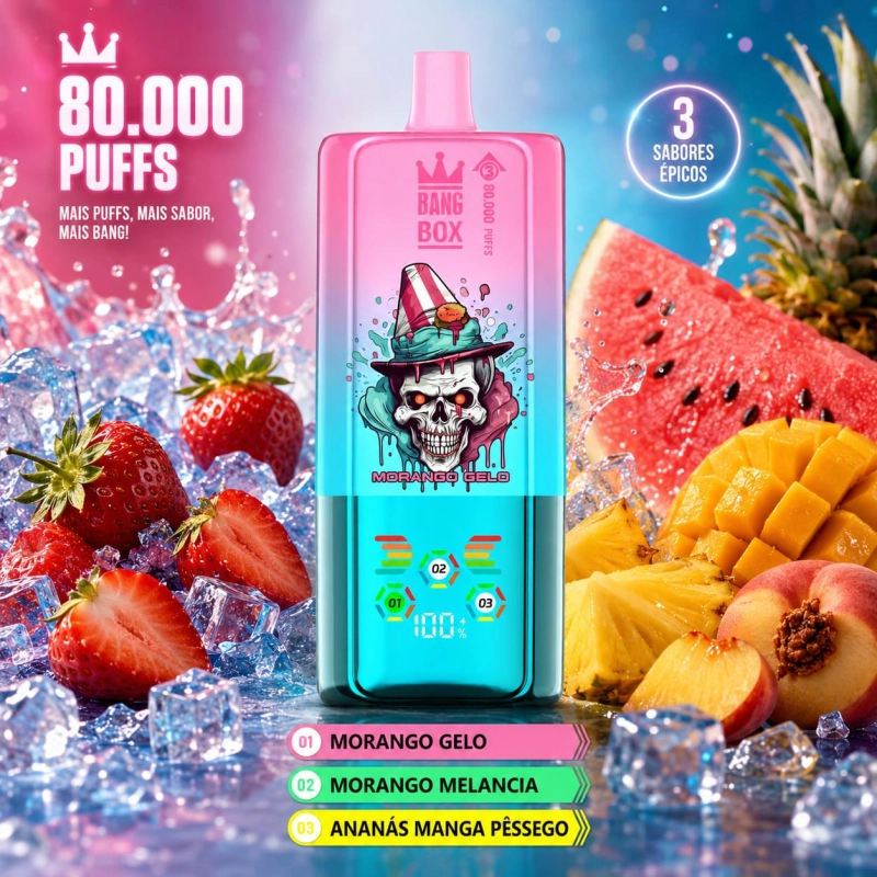 BANGBOX 80.000 puffs vape descartável 3-em-1 recarregável sabor morango com melancia, ananás com manga e pêssego gelado
