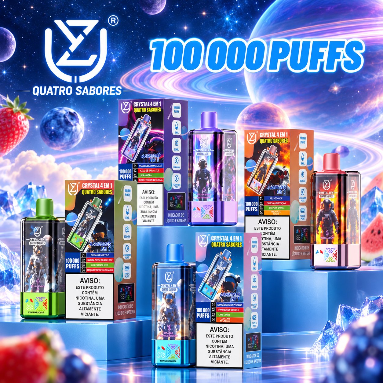 UZY Crystal 100.000 Puffs 4-em-1 vape descartável com sabores gelado de pêssego e mirtilos, cerejas, bebida energética e melão-líchia