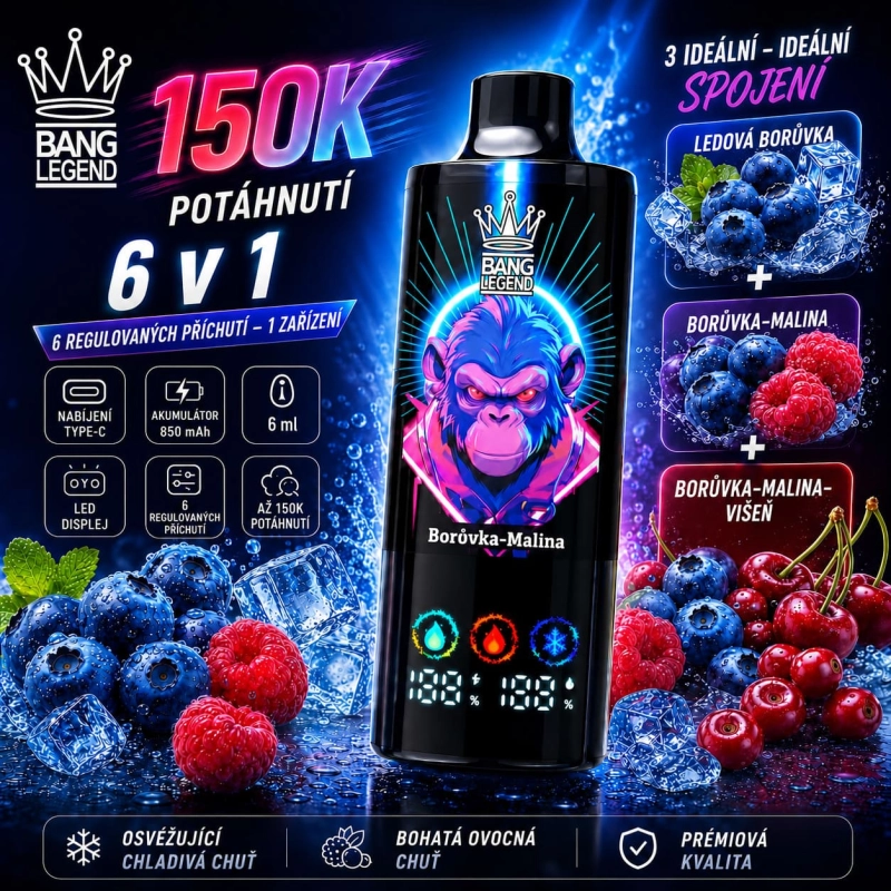 Bang Legend 150K 6 v 1 – ledová borůvka, borůvka s malinou a borůvka s brusinkou a třešní