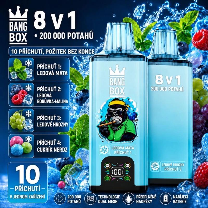 Bang Box 200K 8 v 1 Ledová máta mix – borůvka, malina, hrozno a bonbony Nerds, osvěžující příchuť