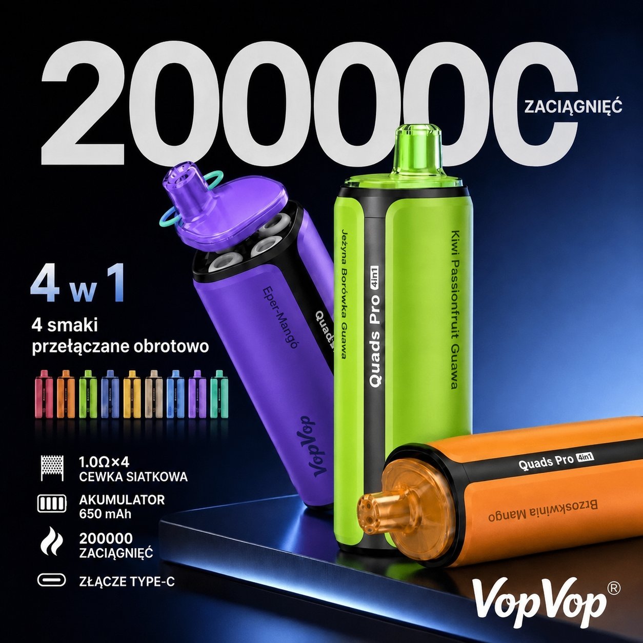 Prezentacja produktu VopVop Quads Pro 4 w 1, 200K zaciągnięć