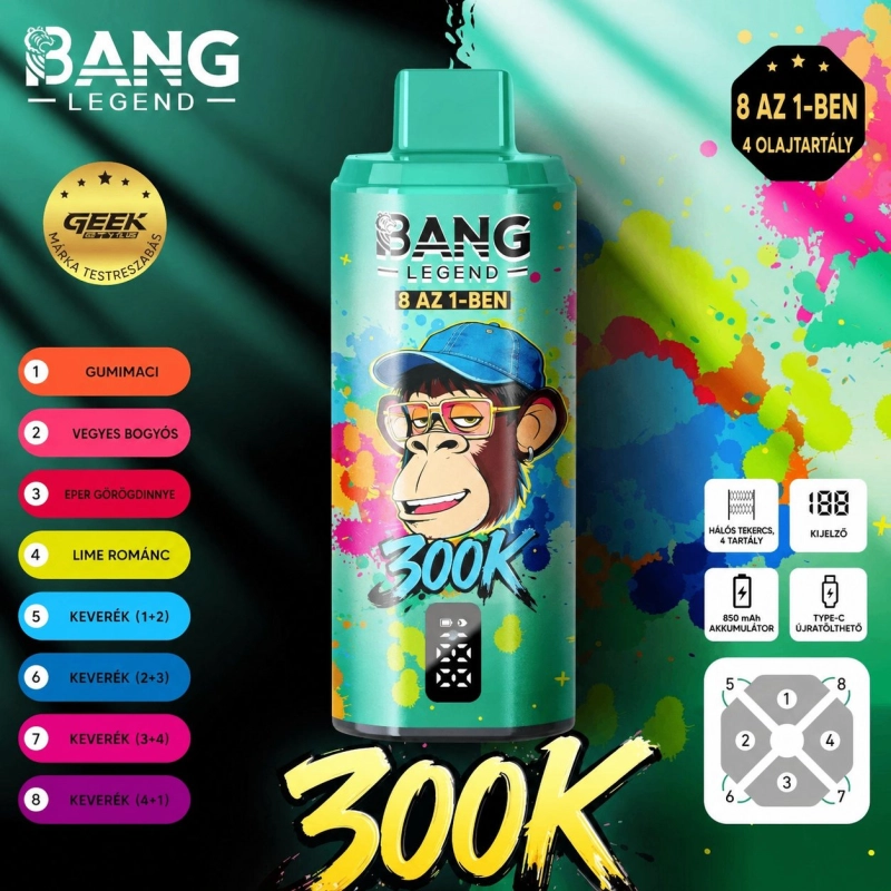 Bang Legend 300K 300000 slukk eldobható vape, 8 az 1-ben vegyes ízek