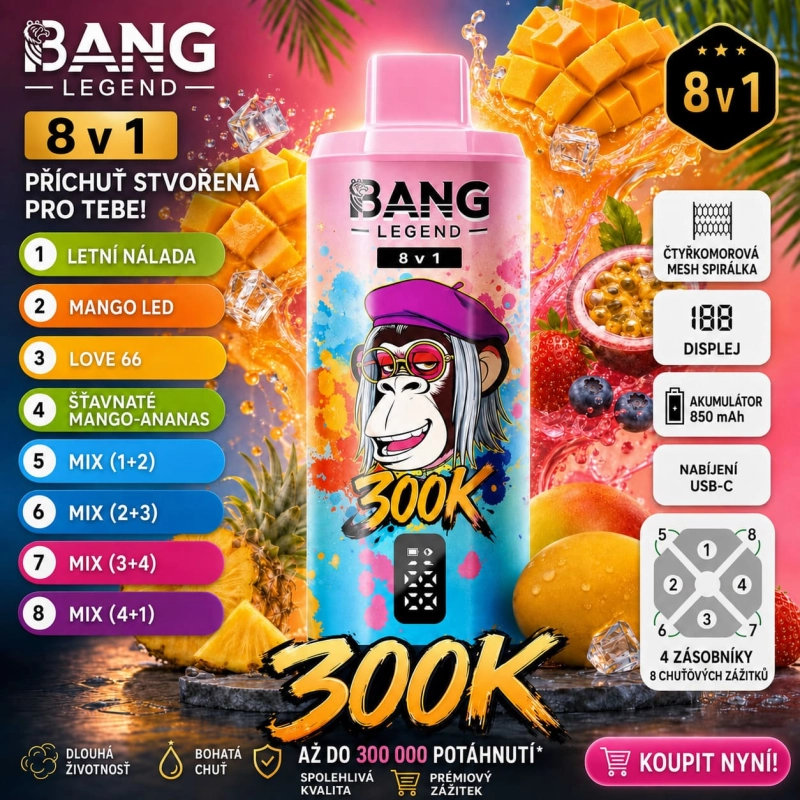 Bang Legend 300K 8 v 1 – Letní osvěžení, ledové mango, Love 66 a kyselé mango s ananasem