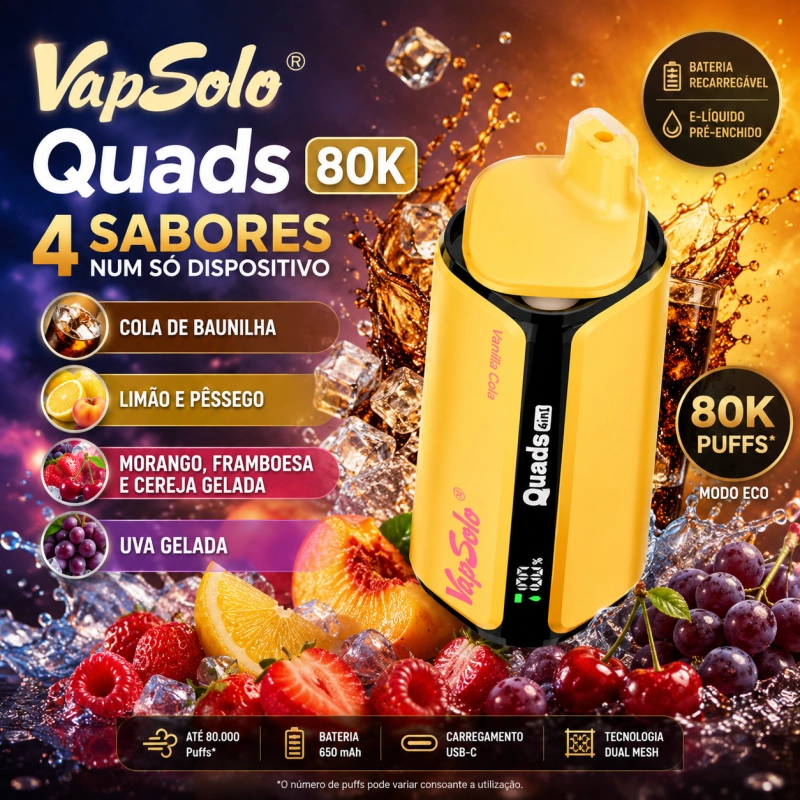VapSolo Quads 80.000 Puffs vape sabores baunilha cola, limão pêssego, morango framboesa cereja gelo e uva gelo