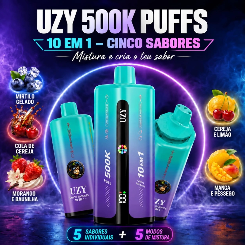 UZY 500K Penta Flavor 10 em 1, dispositivo vape azul-turquesa e roxo com cinco sabores e sistema de seleção de sabores.