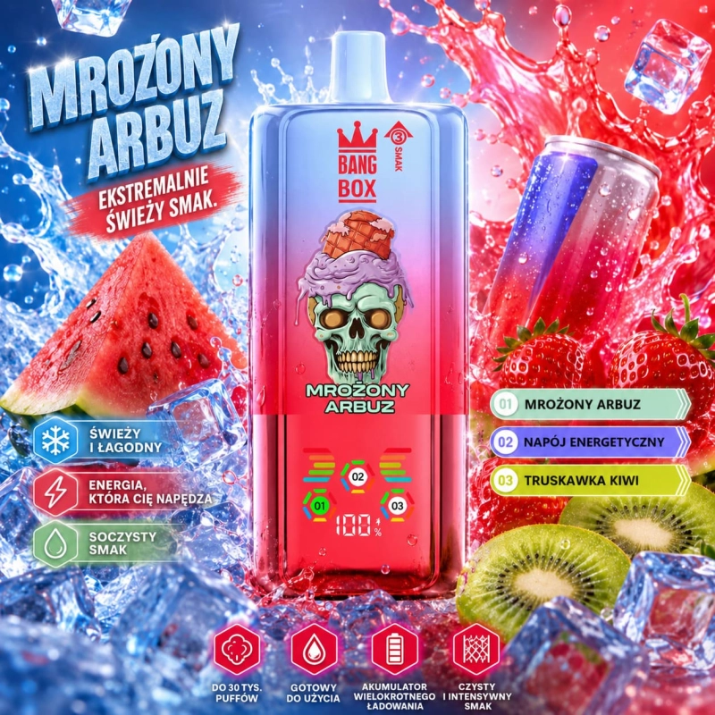 BangBox 80K 3 w 1 – arbuz z lodem, napój energetyczny oraz truskawka z kiwi