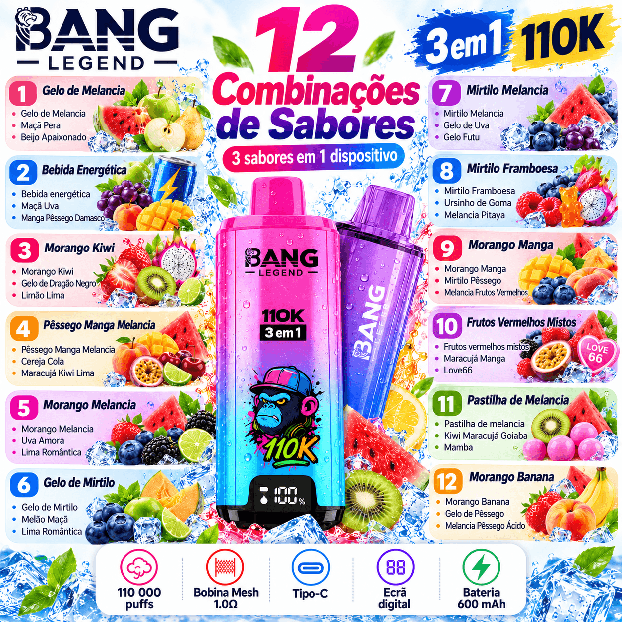 As 12 variantes e combinações de sabores da Bang Legend 110K