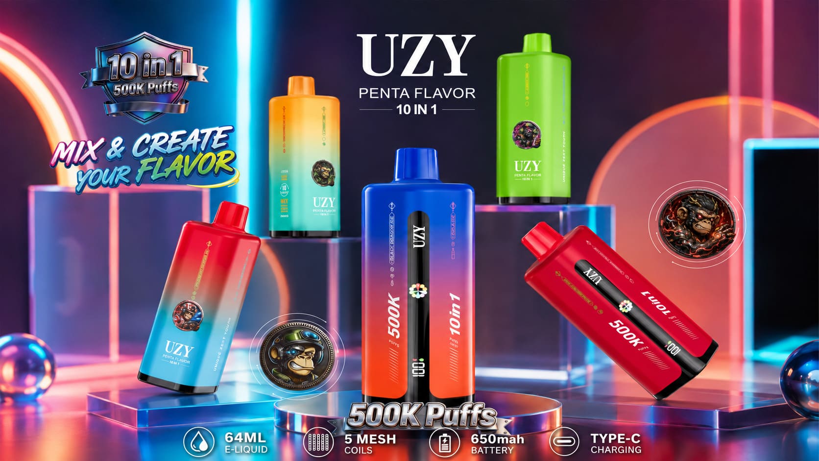 UZY 500K Penta Flavor 10-in-1 rechargeable vape with 10 selectable flavor modes