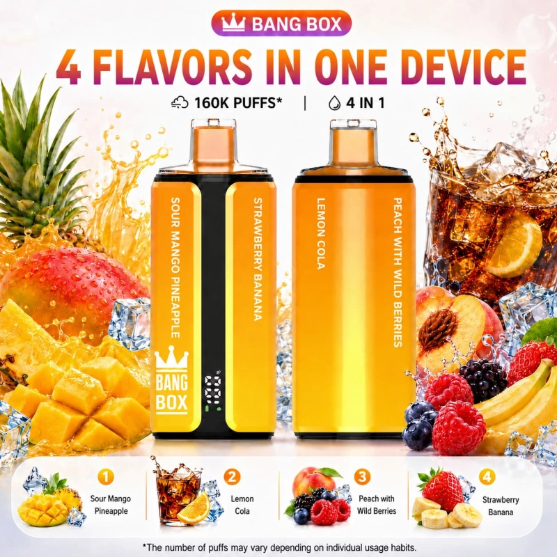 Bang Box 160K flavor set 07 with Sour Mango Pineapple, Cola Lemon, Peach Mix and Strawberry Banana