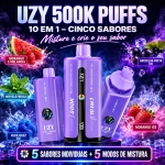UZY 500K Penta Flavor 10 em 1, dispositivo vape roxo com cinco sabores de fruta e menta e cinco modos de mistura.