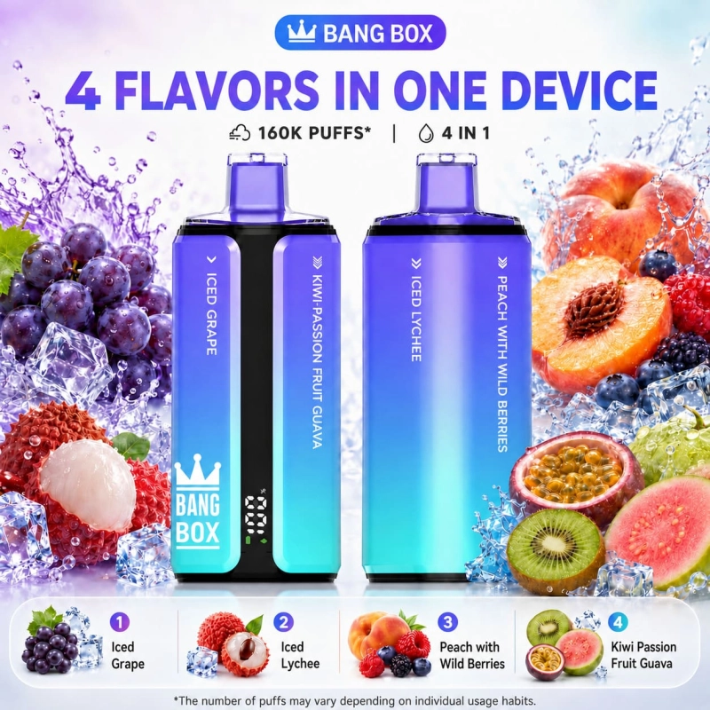 Bang Box 160K flavor set 02 with Vanilla Cola, Peach Lemon, Strawberry Raspberry and Iced Grape