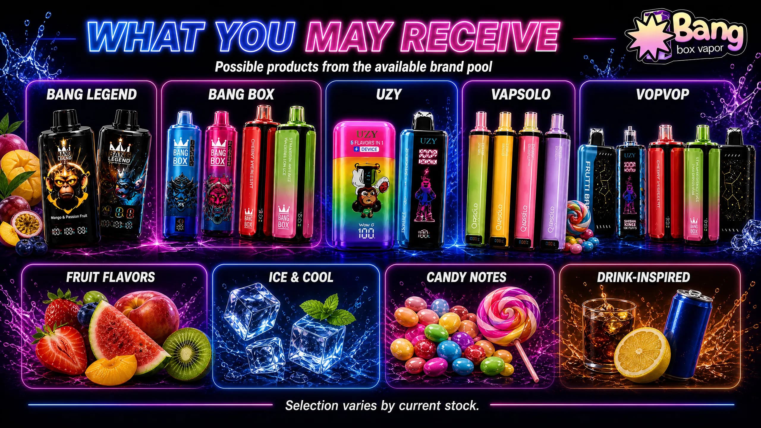 Produtos possíveis da Mystery Box Bangbox-Vapor com Bang Legend, Bang Box, UZY, Vapsolo, Vopvop e vários sabores