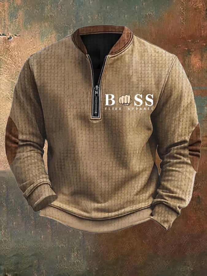 Sweatshirt retro para homem com design de letras estampado com gola com fecho e jacquard quadrado