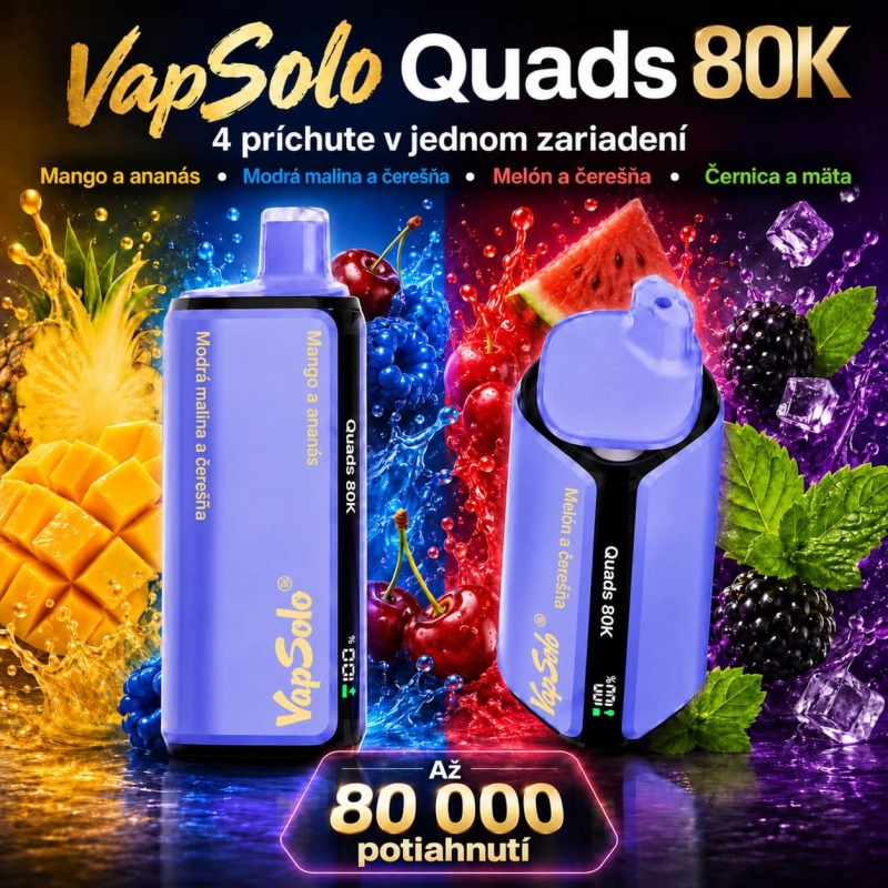 VapSolo Quads 80K 4 v 1 – mango a ananás, modrá malina a čerešňa, melón a čerešňa, černica a mäta