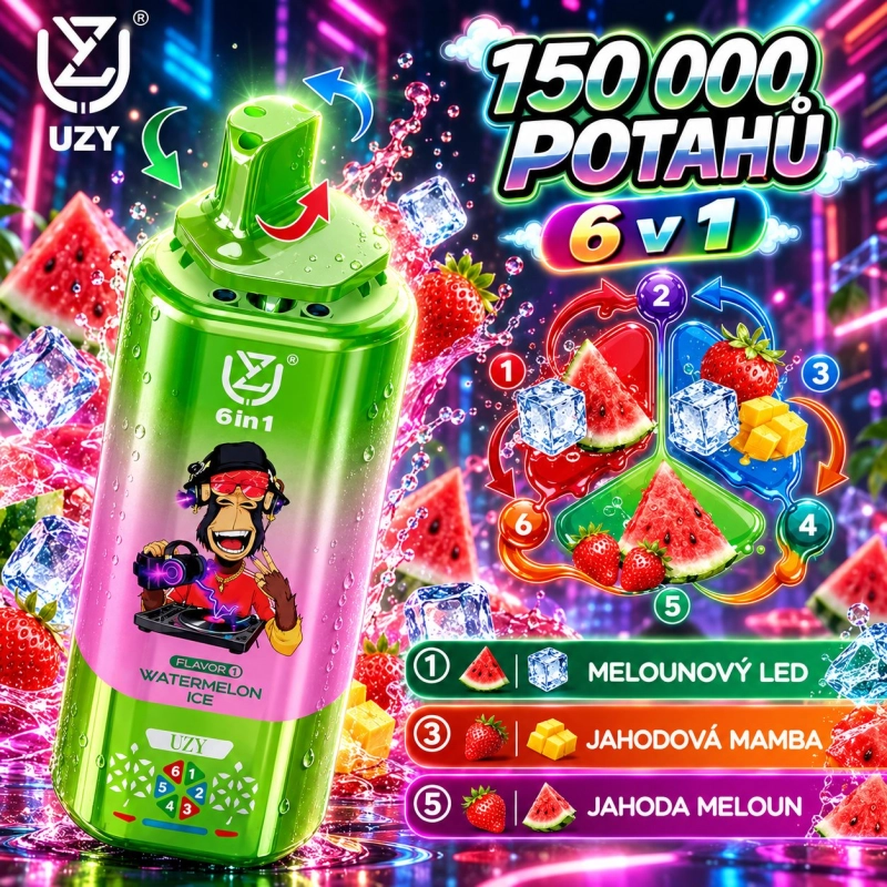 Zelená jednorázová vape UZY 150 000 potahů 6v1 s příchutěmi Watermelon Ice, Melounový LED, Jahodová Mamba a Jahoda Meloun