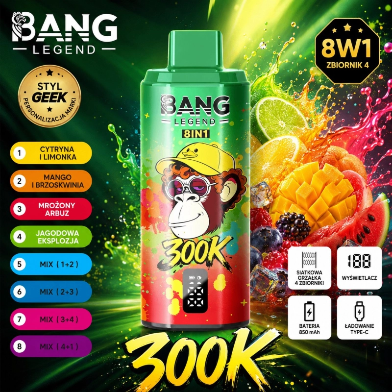Bang Legend 8 w 1 300000 buchów jednorazowy e-papieros, wielosmakowy owocowy