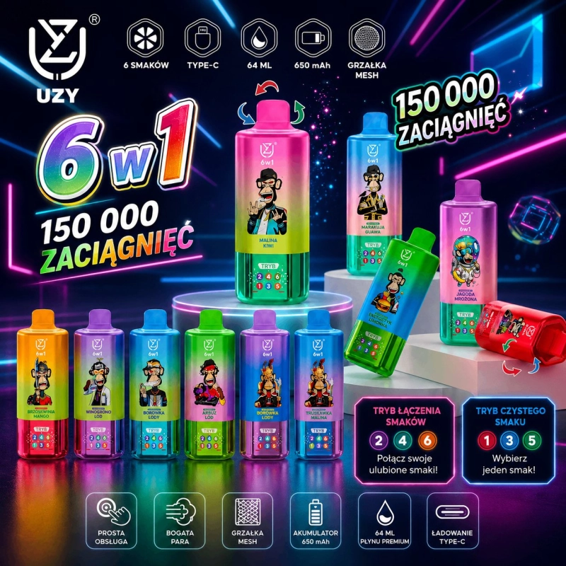 UZY 6w1 150000 zaciągnięć Jednorazowy e-papieros, Różne smaki owocowe