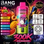 Bang Legend 300K 8-in-1 vape with Mamba, Peach Mango Watermelon, Energy Drink and Grape Ice flavors