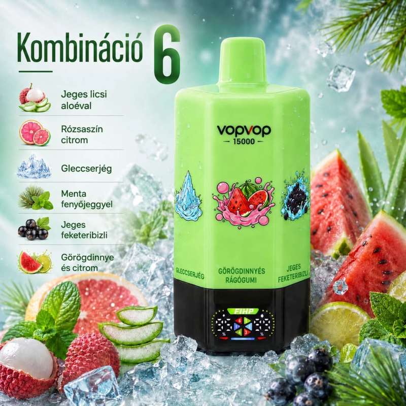 VOPVOP 150K 6 az 1-ben eldobható vape Aloe Lychee Ice, Pink Lemon Glacial Ice, Pine Needle Mint, feketeribizli jég és dinnye-citrom ízekkel