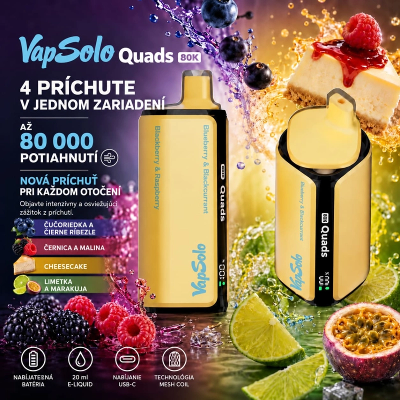 VapSolo Quads 80K s príchuťami čučoriedka a čierne ríbezle, černica a malina, cheesecake a limetka s marakujou