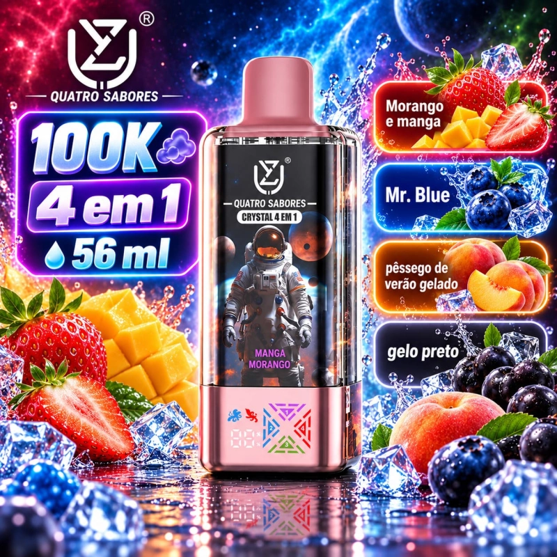 UZY Crystal 100.000 Puffs 4-em-1 vape descartável com sabores gelado de cereja, gelado de uva e maracujá, manga e Love 66