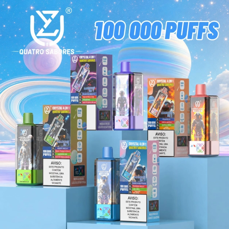 Coleção UZY Crystal 100.000 Puffs 4-em-1 mostrando todas as combinações de sabores frutados e refrescantes para uso diário em Portugal