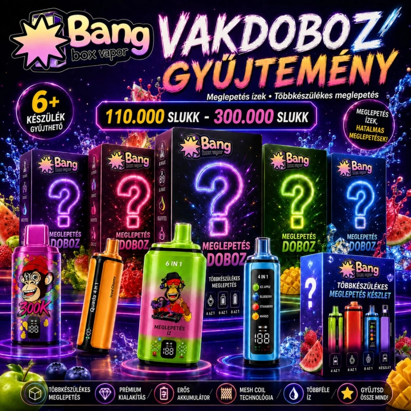 Bangbox-Vapor meglepetésdoboz lehetséges termékei Bang Legend, Bang Box, UZY, VapSolo és VOPVOP márkákkal